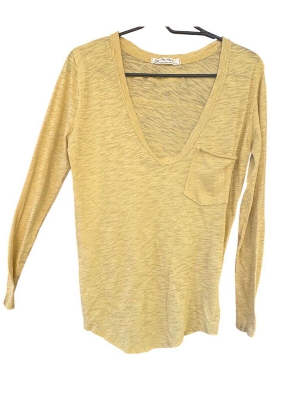 We The Free Yellow Long Sleeve V-Neck Top With Pocket XS Cotton Polyester Blend